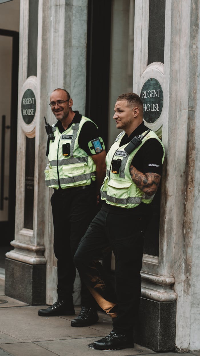 Two security guards standing outside Regent House in London, smiling and on duty.